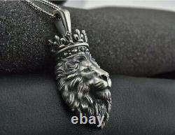 Calm Lion king crown animal jungle Pendant necklace 925 silver Gift Men Leo