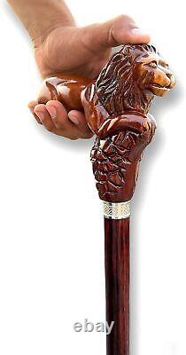 Christmas Handmade Lion King Handle Wooden Walking Stick Ergonomic Palm Grip