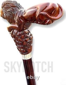 Christmas Handmade Lion King Handle Wooden Walking Stick Ergonomic Palm Grip