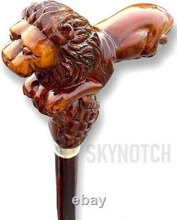 Christmas Handmade Lion King Handle Wooden Walking Stick Ergonomic Palm Grip