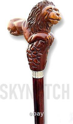 Christmas Handmade Lion King Handle Wooden Walking Stick Ergonomic Palm Grip