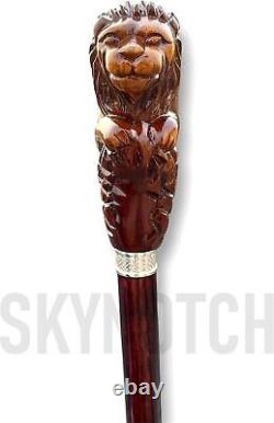 Christmas Handmade Lion King Handle Wooden Walking Stick Ergonomic Palm Grip