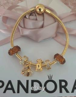 GENUINE PANDORA BRACELET Gold + 6 PANDORA LION KING. CHARMS 20 cm ALE MET RP £500