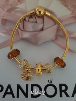 GENUINE PANDORA BRACELET Gold + 6 PANDORA LION KING. CHARMS 20 cm ALE MET RP £500