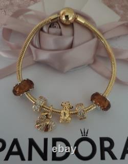 GENUINE PANDORA BRACELET Gold + 6 PANDORA LION KING. CHARMS 20 cm ALE MET RP £500