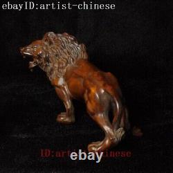 L 5.5 in Chinese Boxwood Hand Carved Force Lion King figurine Statue Decoration