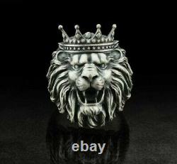 Lion King Crown head Men's Ring 925 Sterling Silver biker rider animal ring Gift