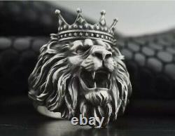 Lion King Crown head Men's Ring 925 Sterling Silver biker rider animal ring Gift