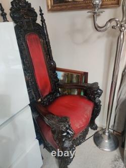 Lion King Throne Chair Hand Carved Wood, Mahogany Red