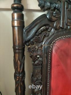 Lion King Throne Chair Hand Carved Wood, Mahogany Red