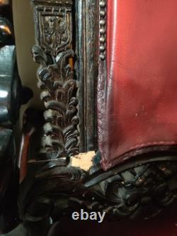 Lion King Throne Chair Hand Carved Wood, Mahogany Red
