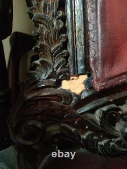 Lion King Throne Chair Hand Carved Wood, Mahogany Red