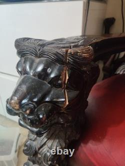 Lion King Throne Chair Hand Carved Wood, Mahogany Red