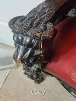 Lion King Throne Chair Hand Carved Wood, Mahogany Red