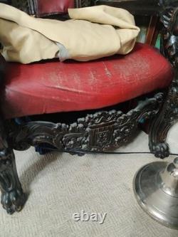 Lion King Throne Chair Hand Carved Wood, Mahogany Red