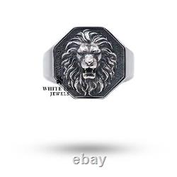 Roaring Lion King Animal Head Men's ring 925 Silver biker animal Octagon ring