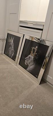 Royal Lion king with silver crown, liquid art, crystals & mirror frame pictures