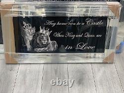 XL NEW LION KING AND QUEEN WITH CROWNS LIQUID ART WALL FRAME CHROME LOOK 82x42cm