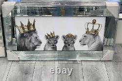 XXL Lion King And Queen With Crown Liquid Art Wall Frame Chrome Look 82x42cm