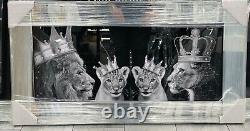 XXL New Lion King And Queen With Crown Liquid Art Wall Frame Chrome Look 82x42cm