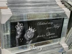 XXL New Lion King And Queen With Crown Liquid Art Wall Frame Chrome Look 82x42cm