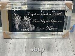 XXL New Lion King And Queen With Crown Liquid Art Wall Frame Chrome Look 82x42cm