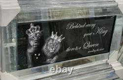 XXL New Lion King And Queen With Crown Liquid Art Wall Frame Chrome Look 82x42cm