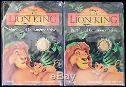 (2) Disney Le Roi Lion D'or Pur 24 Carats Pièces Commémoratives 1/25 Oz Liberté Monnaie