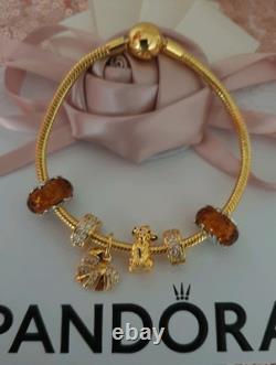 BRACELET PANDORA AUTHENTIQUE Or + 6 CHARMS PANDORA LION KING. 20 cm ALE MET RP £500