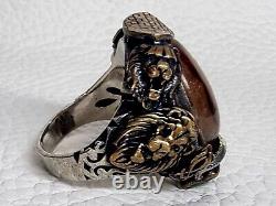 Bague en argent 925 lion agate Gümüs Yüzük Akik Aslanbas lion cornaline argent Roi