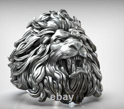 Bague pour homme Lion King Crown Head en argent sterling 925 pour motard, cadeau de bague animale