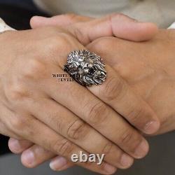 Bague pour homme en argent 925 avec tête de lion rugissant - cadeau pour motard lion roi