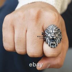 Bague pour homme en argent 925 avec tête de lion rugissant - cadeau pour motard lion roi