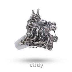 Bague pour homme en argent sterling 925 avec tête de lion couronnée - Biker Rider Animal Ring Gift