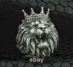 Bague pour hommes en argent sterling 925 avec tête de lion, couronne et anneau de motard animal - Cadeau