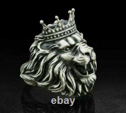 Bague pour hommes en argent sterling 925 avec tête de lion, couronne et anneau de motard animal - Cadeau