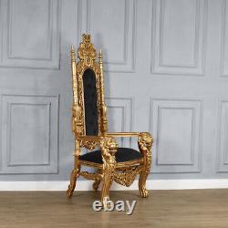 Chaise de trône du Roi Lion avec cadre en feuille d'or et rembourrage en velours noir