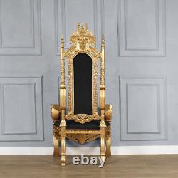 Chaise de trône du Roi Lion avec cadre en feuille d'or et rembourrage en velours noir