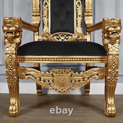 Chaise de trône du Roi Lion avec cadre en feuille d'or et rembourrage en velours noir