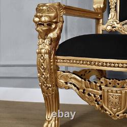 Chaise de trône du Roi Lion avec cadre en feuille d'or et rembourrage en velours noir