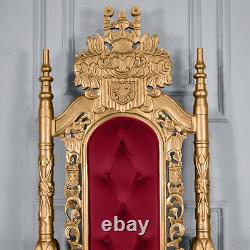 Chaise de trône du Roi Lion avec cadre en feuille d'or et revêtement en velours rouge vineux