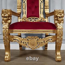 Chaise de trône du Roi Lion avec cadre en feuille d'or et revêtement en velours rouge vineux