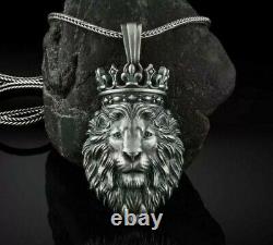 Collier pendentif en argent 925 avec couronne de roi lion calme, animal de la jungle, cadeau pour hommes, signe astrologique lion