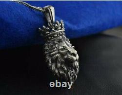 Collier pendentif en argent 925 avec couronne de roi lion calme, animal de la jungle, cadeau pour hommes, signe astrologique lion