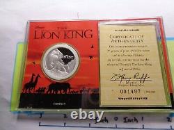 Lion King Disney Mufasa Simba 1994 Film Rare 999 Argent Coin Coa Sharp Case #a