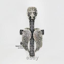 Pendentif grande croix de roi lion avec ailes religieuses en argent 925 oxydé cadeau de motard pour hommes