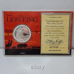 ROI LION DISNEY 1994 SORTIE DU FILM PIÈCE D'ARGENT RARE 999 COA ÉTUI Faible tirage