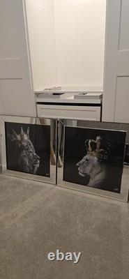 Roi lion royal avec couronne argentée, art liquide, cristaux et cadre miroir pour images