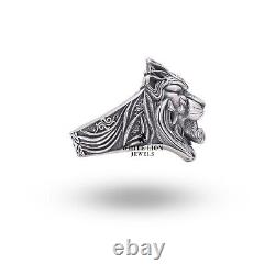 Rugissant Lion roi de la jungle animal lumière sur le front 925 bague en argent statut cadeau