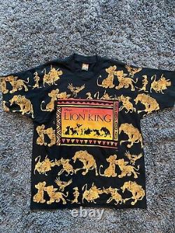 T-shirt Vintage Disney Le Roi Lion pour homme noir jaune imprimé intégral XL. Officiel